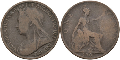 Великобритания 1 пенни 1901 Виктория (1837-1901) KM 790, Spink 3961 бронза 180-1046