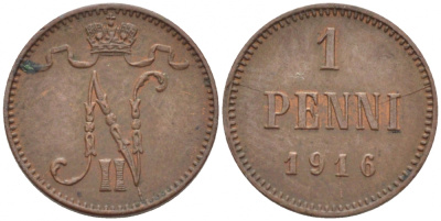 РОССИЯ ДЛЯ ФИНЛЯНДИИ 1 ПЕННИ 1916 НИКОЛАЙ II (1895-1917) KM 13, Биткин 476 медь 211-1044