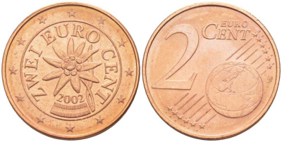 АВСТРИЯ 2 ЕВРОЦЕНТА 2002 KM 3083 сталь плакированная медью UNC 39-1027