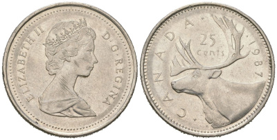 Канада 25 центов 1987 Елизавета II (1952-2022), олень KM 74 никель 4382-1214