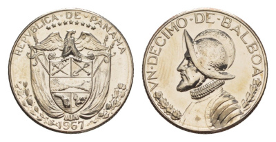 Панама 1/10 бальбоа (10 сентесимо) 1967 тираж 12.701 экземпляров KM 10 медь плакированная медно-никелем PROOF 1522-113