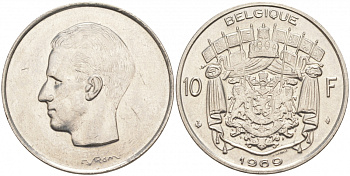 Бельгия 10 франков 1969 Belgique, Бодуэн I (1951-1993) KM 155.1 никель 69-233