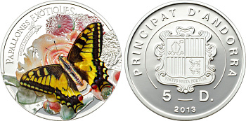 Андорра 5 динеров 2013 бабочка, махаон, 3D KM NEW серебро PROOF 00-00