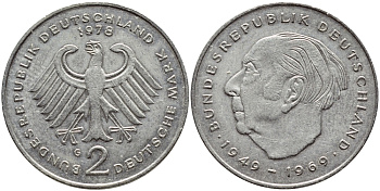 ФРГ 2 марки 1978 G, Теодор Хойс KM 127, J. 407 медно-никель плакированный никелем 85-1117