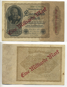 Германия 1000000000 марок 1923 сентябрь 1923, диагональная красная надпечатка на 1000 марок 1922 Pick 113a бумага 00-00