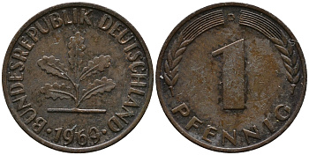 ФРГ 1 пфенниг 1969 D KM 105, J.380 сталь плакированная медью 99-269