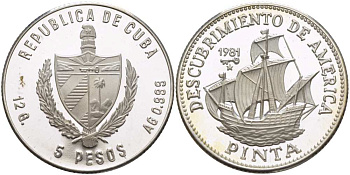 Куба 5 песо 1981 открытие Америки, парусники Колумба, испанская каравелла Пинта, тираж 1000 экземпляров KM 72 серебро PROOF 1087-8-43
