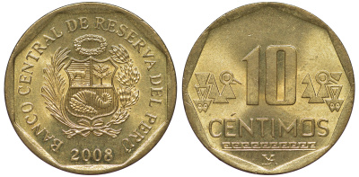 Перу 10 сентимо 2008 KM 305.4 латунь aUNC 4605-612
