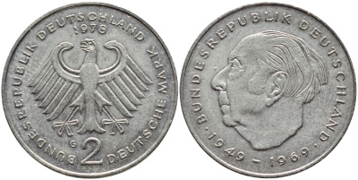 ФРГ 2 марки 1978 G, Теодор Хойс KM 127, J. 407 медно-никель плакированный никелем 85-1117