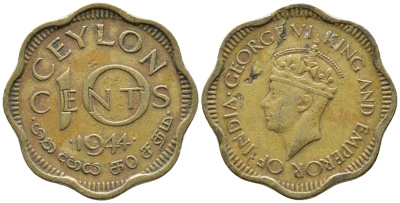 ЦЕЙЛОН 10 ЦЕНТОВ 1944 ГЕОРГ VI KM 118 никель латунь 34-821