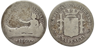 Испания 1 песета 1869 (69) SN-M KM 652 (Y-A55) серебро 1527-1311