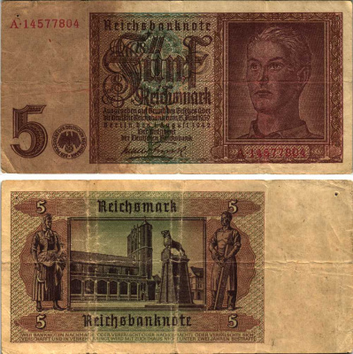 ГЕРМАНИЯ 5 РЕЙХСМАРОК 1942 1 АВГУСТА 1942 Pick 186а бумага 8608-34-3