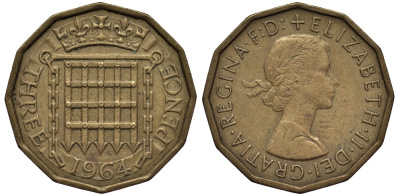 Великобритания 3 пенса 1964 Елизавета II (1952-2022) KM 900, Spink 4153 никель латунь 4538-1131