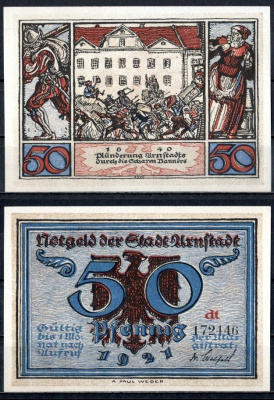 Арнштадт (Тюрингия) 50 пфеннигов 1921 Mehl Grabowski 43.3a-6/6 бумага UNC (пресс) 7556-18-3-2