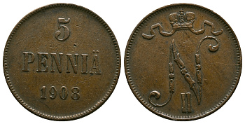 Россия для Финляндии 5 пенни 1908 Николай II (1894-1917) KM 15, Биткин 449 медь 4382-832