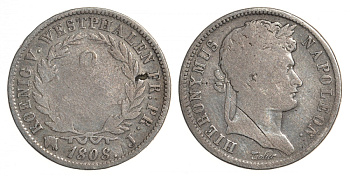 Вестфалия 2 франка 1808 J, Джером Наполеон KM 29 серебро 00-815-48