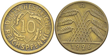 ГЕРМАНИЯ 10 РЕЙХСПФЕННИГОВ 1926 A KM 40, J. 317, Weege 9 алюминиевая бронза 210-354