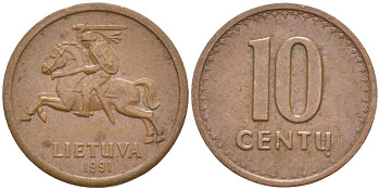 ЛИТВА 10 ЦЕНТОВ 1991 KM 88 бронза 116-138