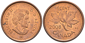 Канада 1 цент 2008 Елизавета II (1952-2022), кленовый лист KM 490а сталь плакированная медью 4609-417