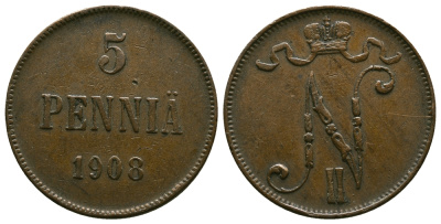 Россия для Финляндии 5 пенни 1908 Николай II (1894-1917) KM 15, Биткин 449 медь 4382-832