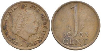 Нидерланды 1 цент 1965 Юлиана (1948-1980) КМ 180 бронза 3457-1215