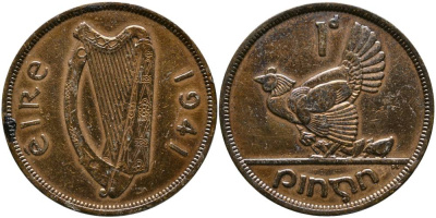 Ирландия 1 пенни 1941 курица с цыплятами KM 11 бронза 4531-632