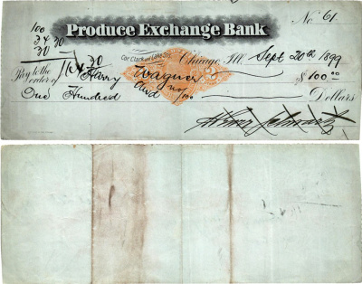 США чек на 100 долларов 1899 Produce Exchange Bank, Чикаго бумага 434-22-3-1