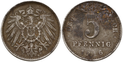 Германия 5 пфеннигов 1916 A J.297  KM 19 железо    4598-1151