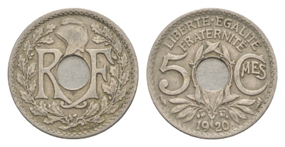 Франция 5 сантимов 1920 KM 865 медно-никель 4649-733
