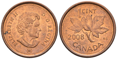 Канада 1 цент 2008 Елизавета II (1952-2022), кленовый лист KM 490а сталь плакированная медью 4609-417