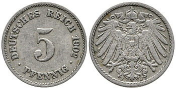 ГЕРМАНИЯ 5 ПФЕННИГОВ 1902 F KM 11, J. 12 медно-никель 39-755