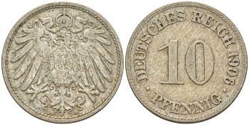 Германия 10 пфеннигов 1906 D KM 12, J. 13, Weege 8 медно-никель 259-911