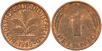 ФРГ 1 пфенниг 1985 G KM 105, J. 380 сталь плакированная медью    4598-635