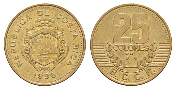 Коста-Рика 25 колонов 1995 KM 229 сталь плакированная латунью UNC 4642-917