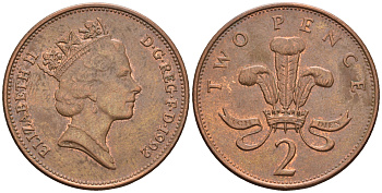 Великобритания 2 пенса 1992 Елизавета II (1952-2022) KM 936а, Spink 4386 сталь плакированная медью 85-1121