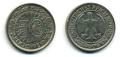 Германия 50 рейхспфеннигов 1929 А KM 49, J. 324 никель 58-543