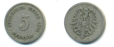ГЕРМАНИЯ 5 ПФЕННИГОВ 1875 A, СТАРОГЕРБОВКА KM 3, J.3 медно-никель 4379-231