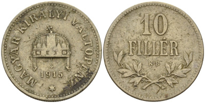 Венгрия 10 филлеров 1915 KB, Франц Иосиф I (1848-1916) KM 494 медь никель цинк 4151-1128