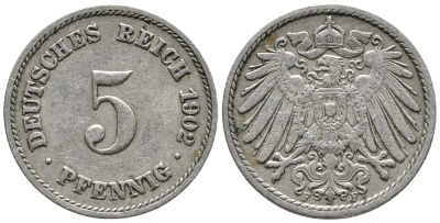 ГЕРМАНИЯ 5 ПФЕННИГОВ 1902 F KM 11, J. 12 медно-никель 39-755