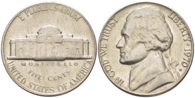 США 5 ЦЕНТОВ 1970 D, ДЖЕФФЕРСОН KM А192 медно-никель 119-1036