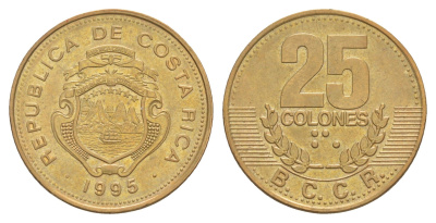 Коста-Рика 25 колонов 1995 KM 229 сталь плакированная латунью UNC 4642-917