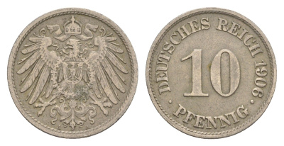 Германия 10 пфеннигов 1906 A, Вильгельм II (1888-1918) KM 12, J. 13 медно-никель 4647-917