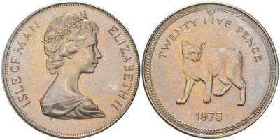 Остров Мэн 25 пенсов 1975 кошка Мэна KM 31 медно-никель UNC 74-531