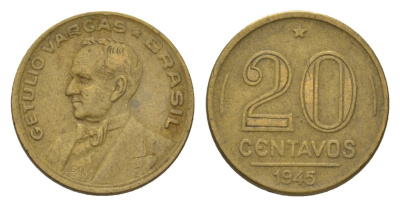 Бразилия 20 сентаво 1945 Жетулиу Варгас KM 556a алюминиевая бронза 4625-937