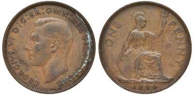 Великобритания 1 пенни 1944 Георг VI (1936-1952) KM 845, Spink 4114 бронза 4123-943