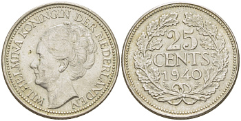 Нидерланды 25 центов 1940 Вильгельмина (1890-1948) KM 164 серебро aUNC 66-1141