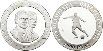 Испания 2000 песет 1990 XXV летние Олимпийские игры 1992 года в Барселоне, футбол KM 862 серебро PROOF 02-115-11