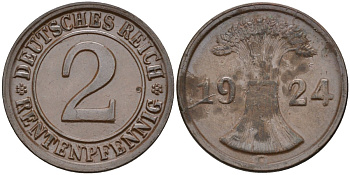 Германия 2 рентенпфеннига 1924 G KM 31, J.307, Weege 3 медь 4584-624