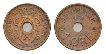 Дания 1 эре 1940 N, Кристиан X (1912-1947) KM 826 бронза 4658-158