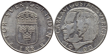 Швеция 1 крона 1980 Карл XVI Густав (1973- ) KM 852 медь плакированная медно-никелем 4397-953